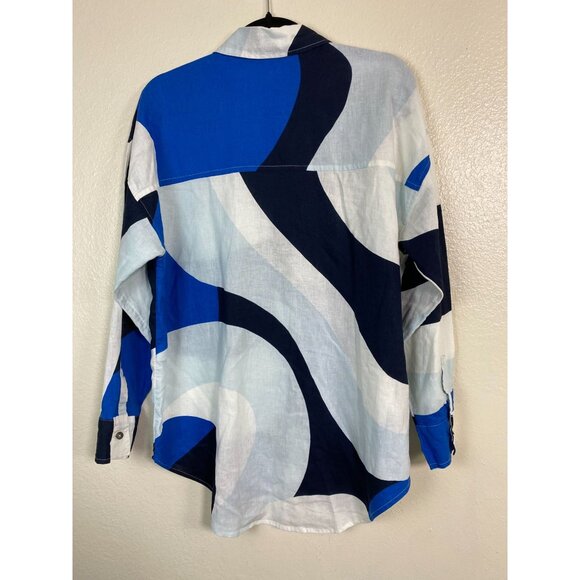 Calia Womens Linen Blend Button Up Top size Small Blue White Abstract Oversized - Picture 14 of 15